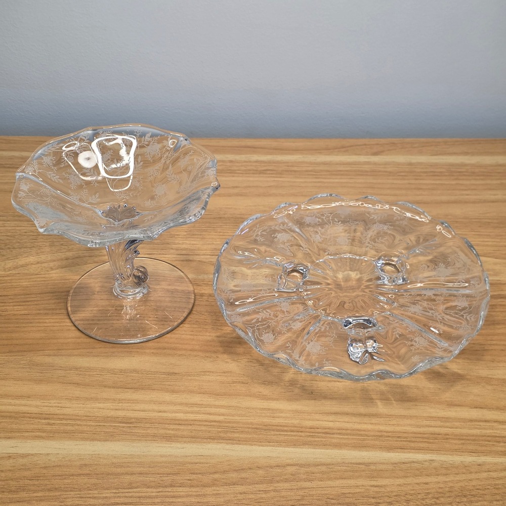 Vintage Fostoria Chintz Baroque‎ Shaped Etched 3 Toed Tidbit and Comport Dish